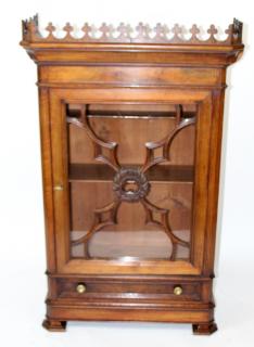 Appraisal: French Gothic verrio cabinet in mahogany French Gothic verrio cabinet