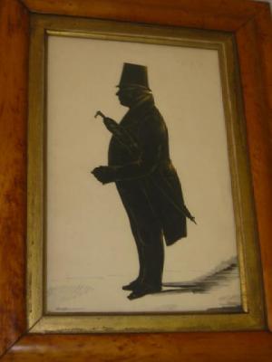 Appraisal: ENGLISH SCHOOL Gentleman with top hat spectacles and umbrella full