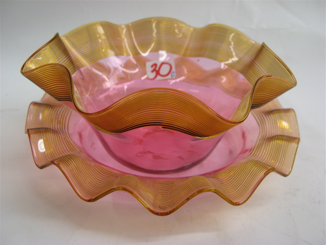 Appraisal: STEUBEN TWO PIECE ROSE CRYSTAL FINGER BOWL SET the ruffled