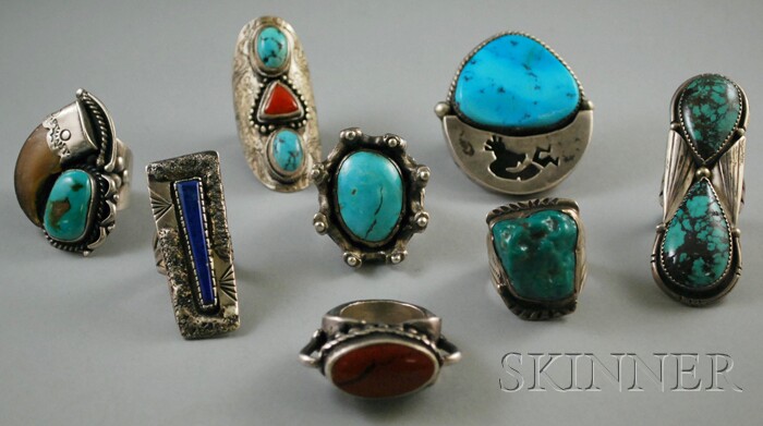 Appraisal: Eight Large Silver and Hardstone Rings including turquoise and lapis