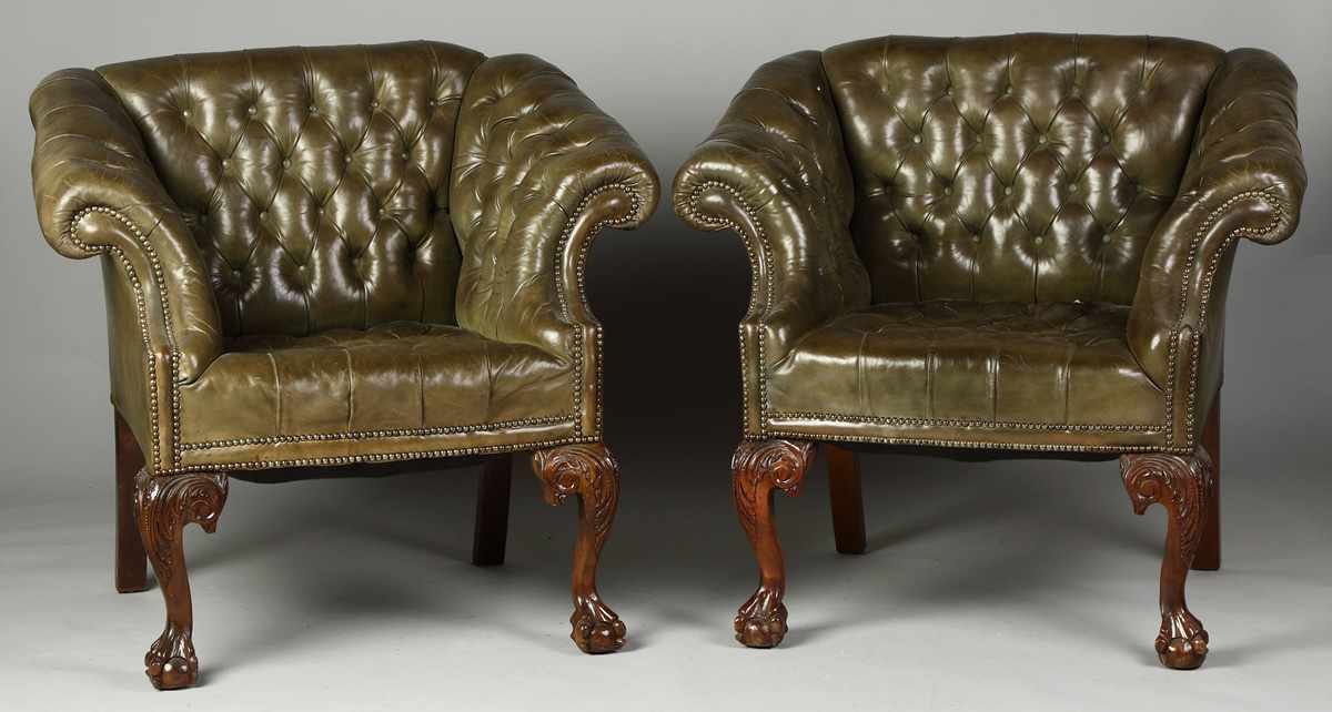 Appraisal: Chippendale Style Pub Chairs Green leather tufting claw ball feet