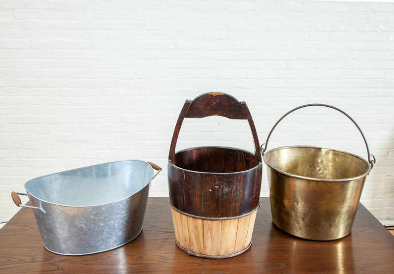 Appraisal: BRASS BUCKET TWO-HANDLED TIN BIN AND A WOODEN BUCKET The