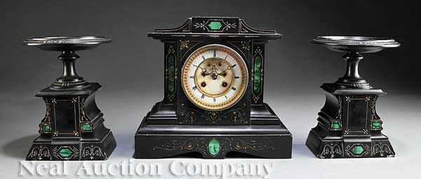 Appraisal: A Napoleon III Black Marble and Malachite Three-Piece Clock Garniture