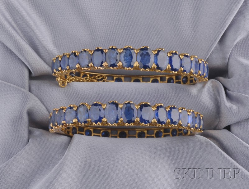 Appraisal: Pair of High Karat Gold and Sapphire Bracelets each hinged