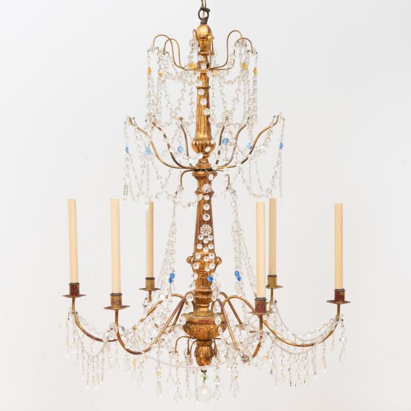 Appraisal: Italian Giltwood Gilt-Metal Colored and Cut-Glass Six-Light Chandelier x in