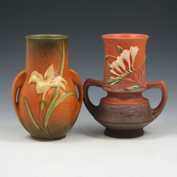 Appraisal: Two Roseville vases including a Freesia - vase chips to