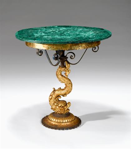 Appraisal: Continental wrought iron and gilt metal malachite veneered gueridon The