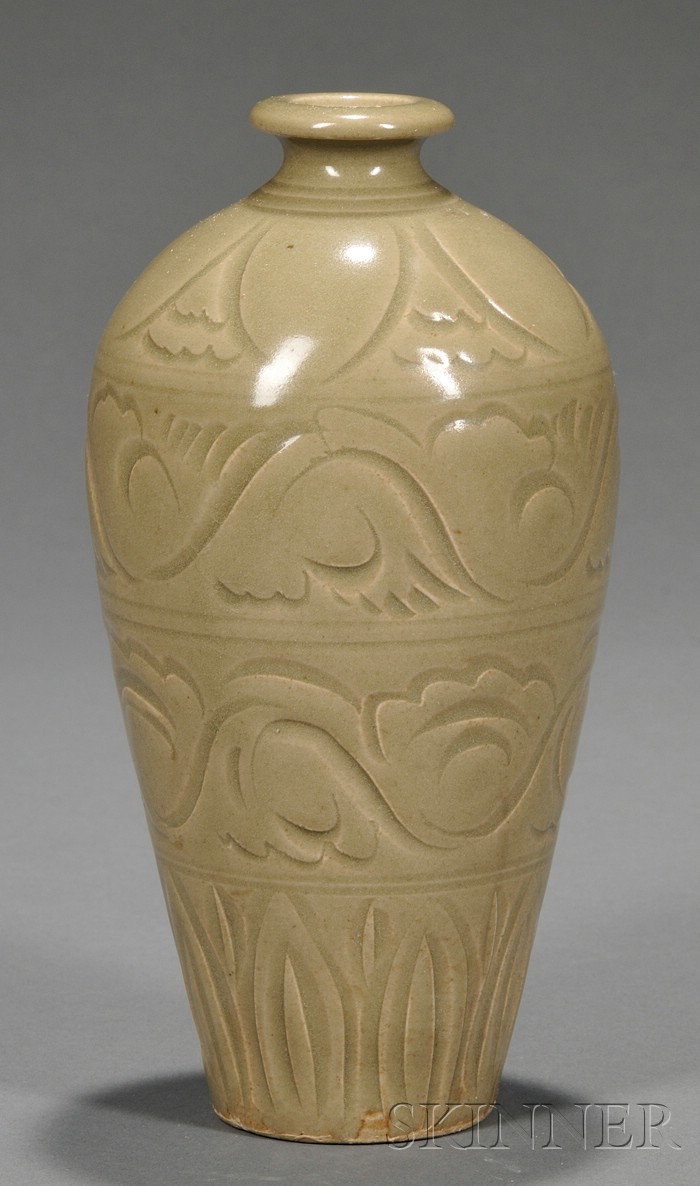 Appraisal: Celadon Vase China Yaozhou-type carved with wide bands of leafy