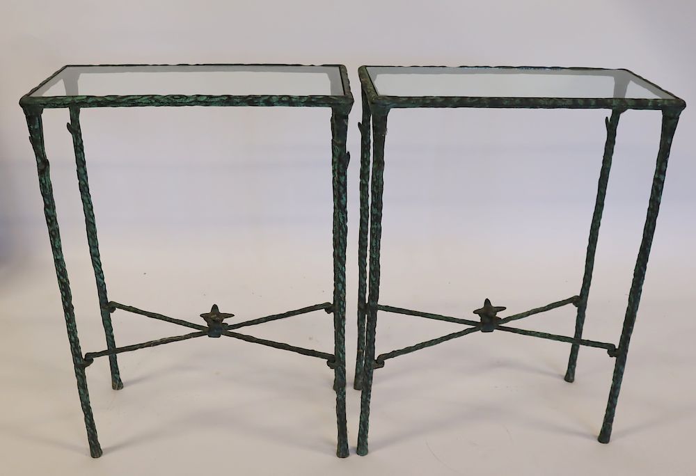 Appraisal: Pair Of Giacometti Style Patinated Iron Tables With Dove Finials