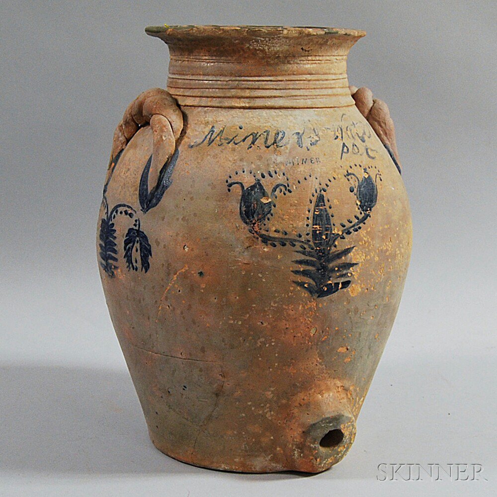 Appraisal: Cobalt-decorated Ceramic Miner's Water Pot th century the banded neck