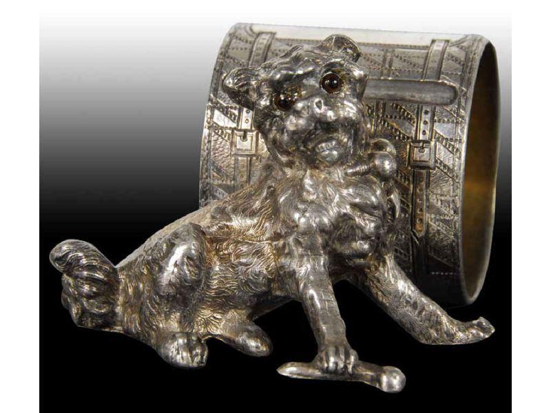 Appraisal: Dog with Bone Glass Eyes Figural Napkin Ring Description No