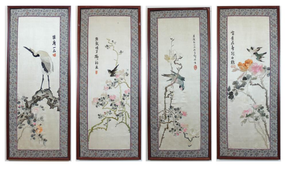 Appraisal: A SET OF FOUR CHINESE PICTORIAL EMBROIDERIES ON SILK birds