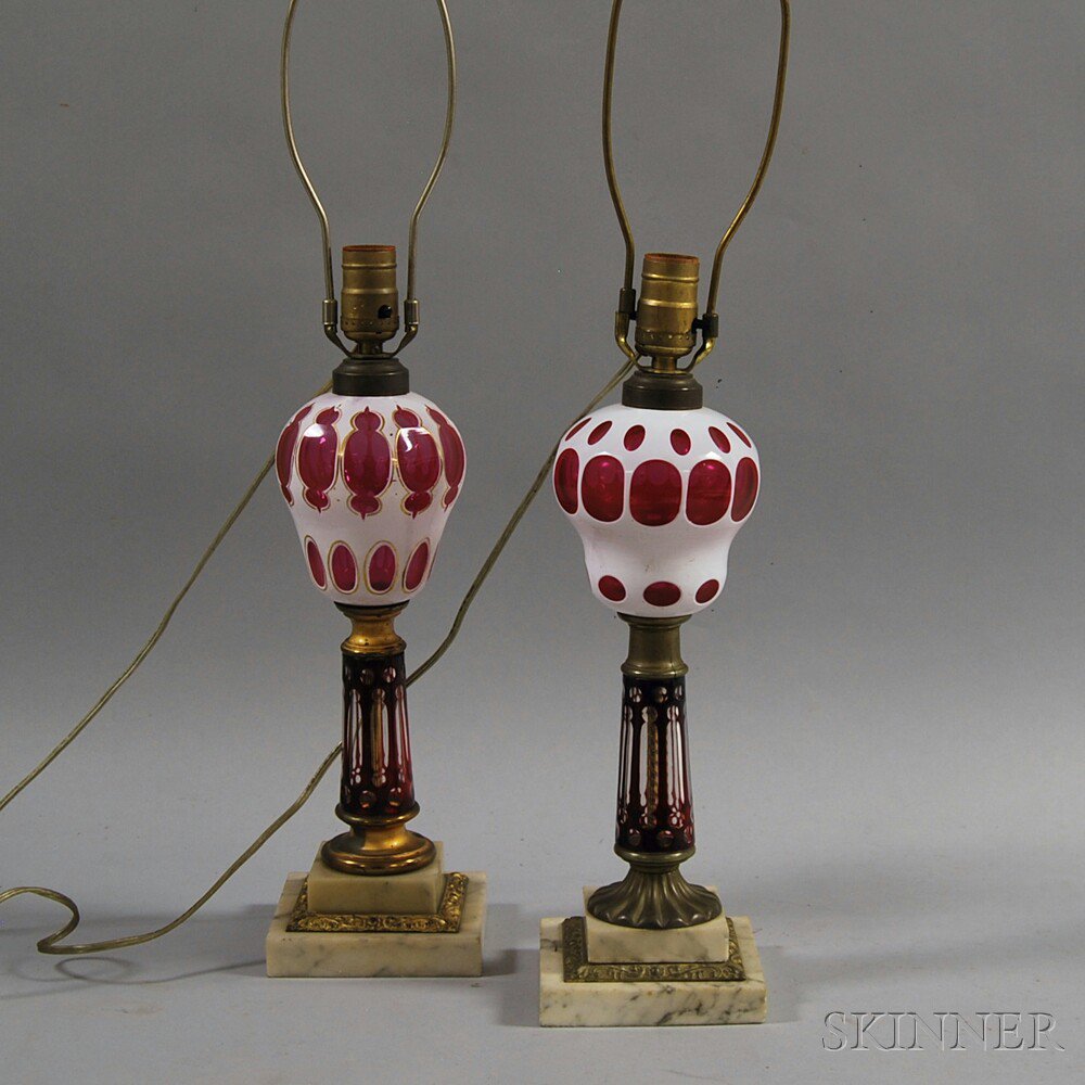 Appraisal: Two Overlay Glass Lamps the electrified kerosene lamps with white