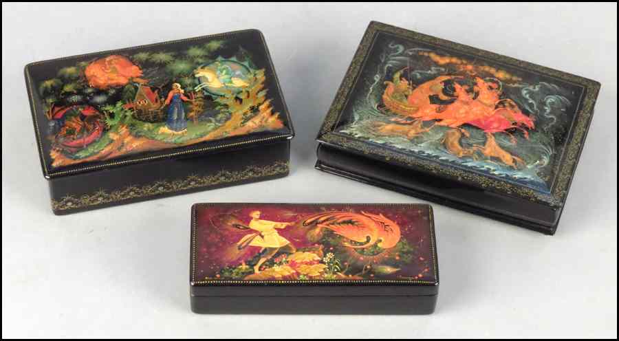 Appraisal: COLLECTION OF THREE RUSSIAN LACQUERED BOXES Largest H '' W