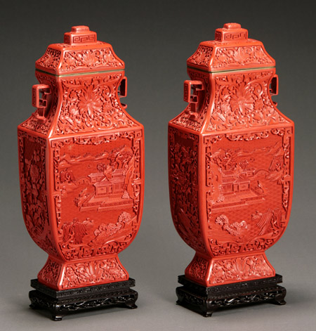 Appraisal: Pair of Chinese Red Cinnabar Lacquer Archaic Bronze-Form Covered Urns