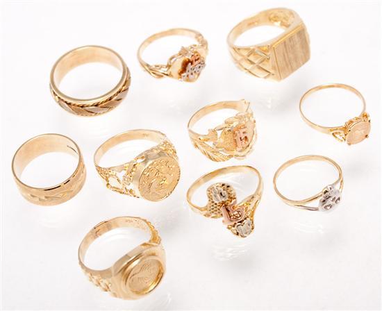 Appraisal: Ten K yellow gold rings grams