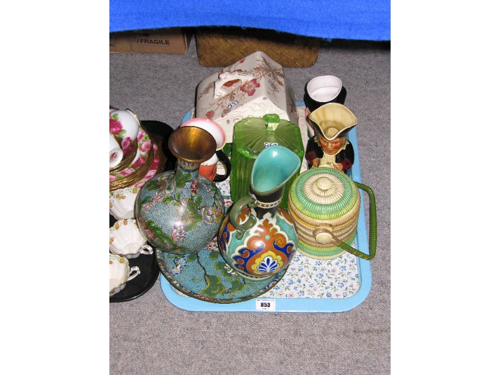 Appraisal: Tray of assorted items to include cheese dishes cloisonne vase