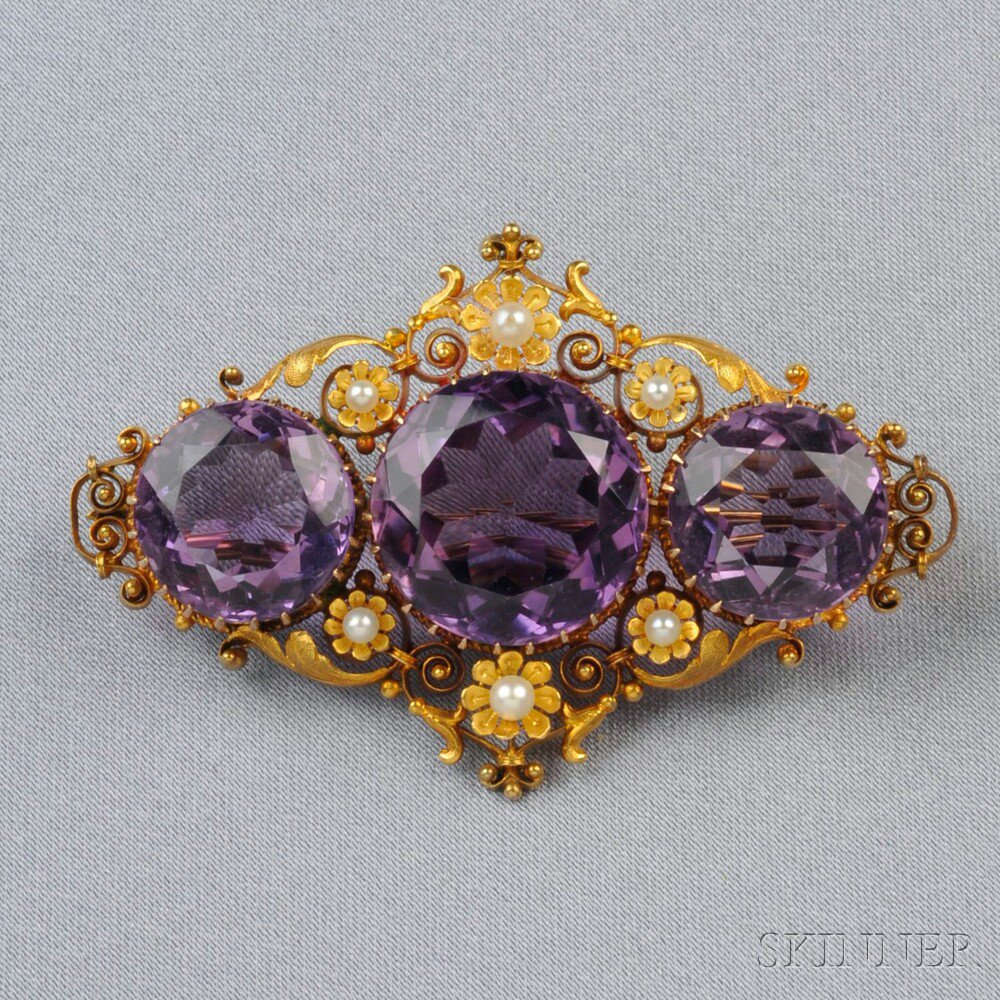 Appraisal: Antique kt Gold and Amethyst Brooch set with three circular-cut