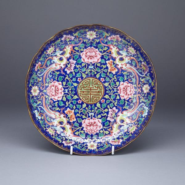 Appraisal: Finely Painted Lotus and Shou Enamel Plate th Century With