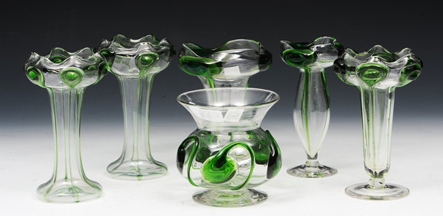 Appraisal: A COLLECTION OF SIX ART NOUVEAU OVERLAID GREEN VASES each