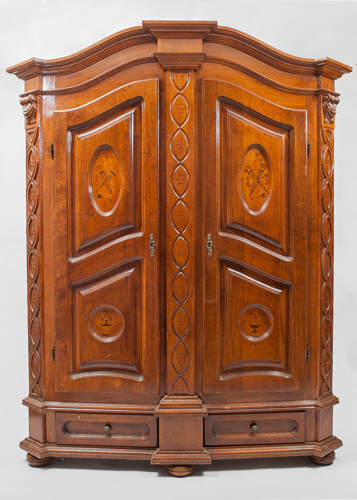 Appraisal: German Marquetry-Inlaid Two-Door Armoire Modern With two base drawers and