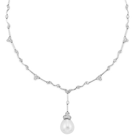 Appraisal: White Gold Diamond and Cultured Pearl Pendant-Necklace Estimate -