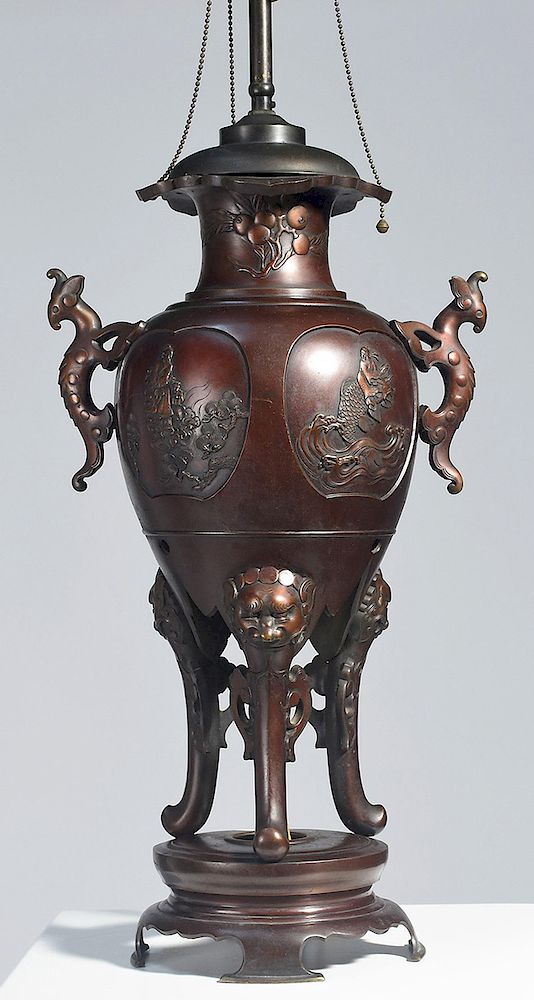 Appraisal: Large Chinese bronze censer converted to a lamp Large Chinese