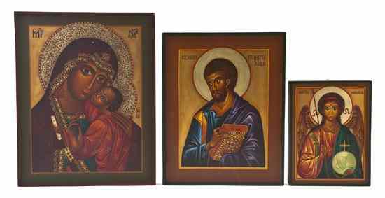 Appraisal: Three Byzantine Style Painted and Parcel Gilt Icons each of