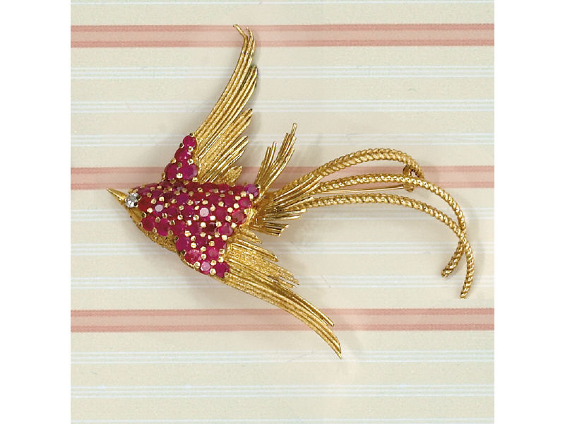 Appraisal: RUBY BROOCH k yellow gold brooch with flowing graceful bird