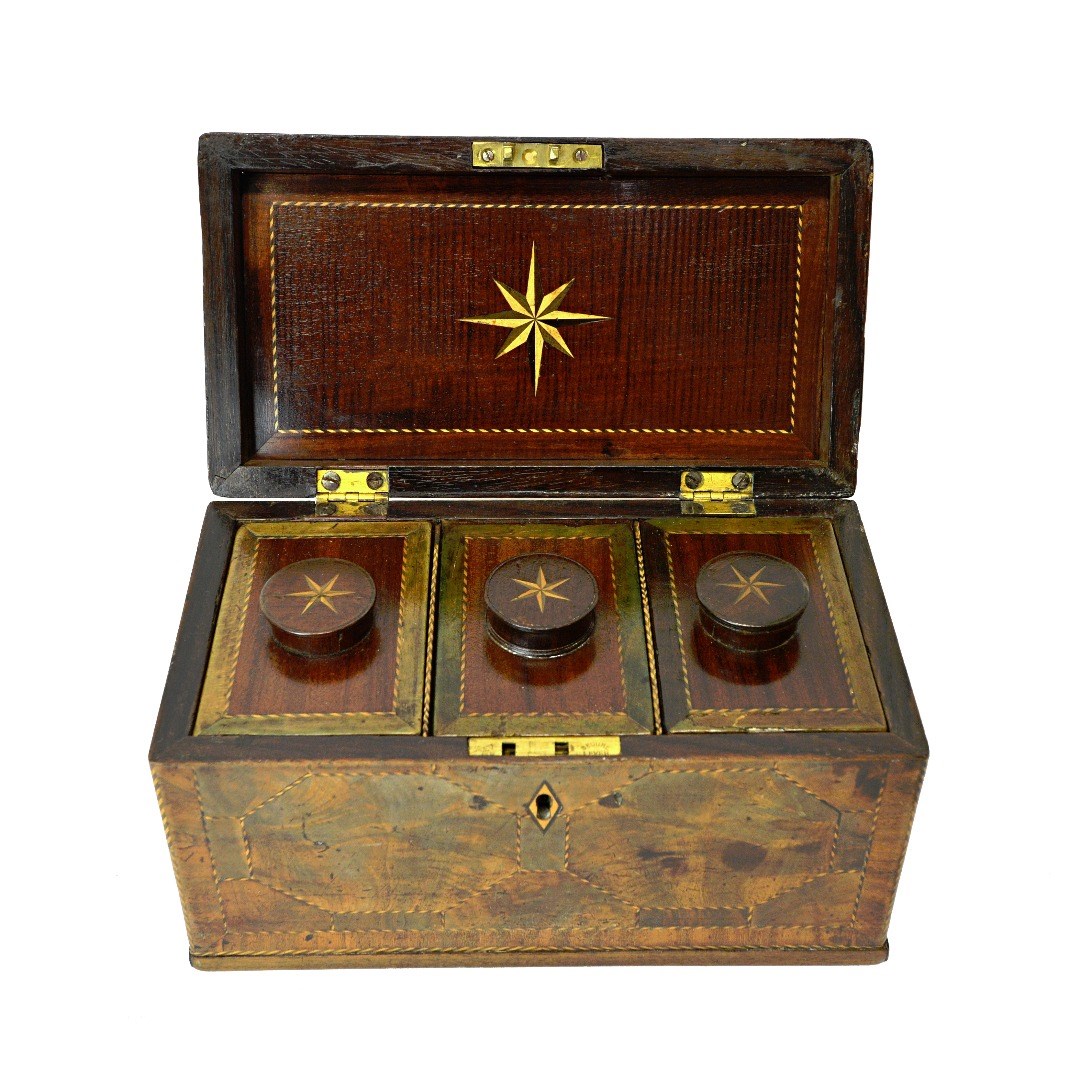 Appraisal: A George III inlaid mahogany tea caddy with triple lidded