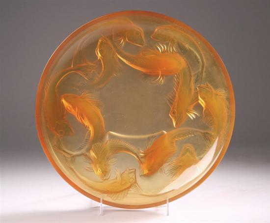 Appraisal: LALIQUE AMBER OPALESCENT AND FROSTED GLASS MARTIGUES DISH molded R