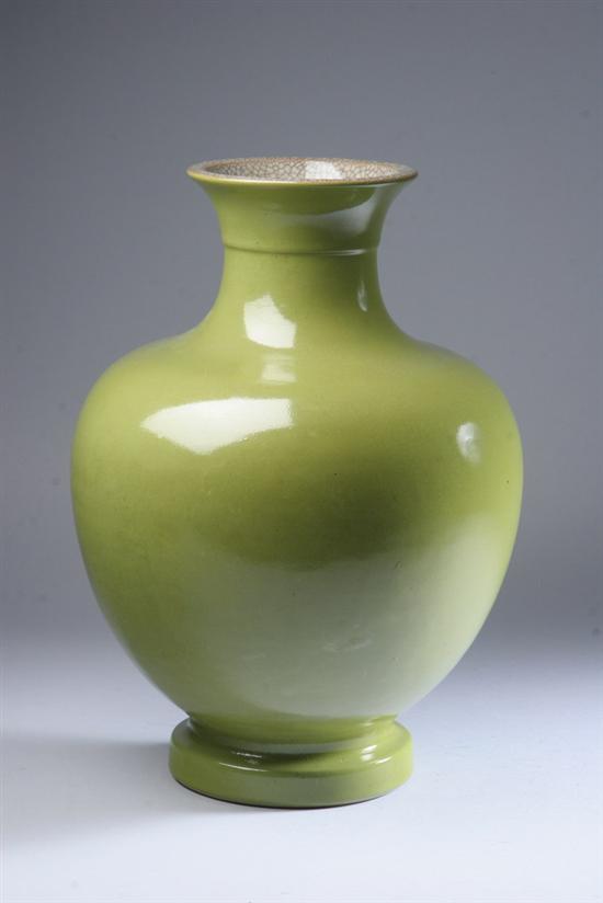 Appraisal: CHINESE APPLE GREEN VASE th century Of ovoid-form waisted neck