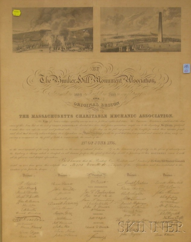 Appraisal: Framed Bunker Hill Monument Association Certificate of Membership c Moses