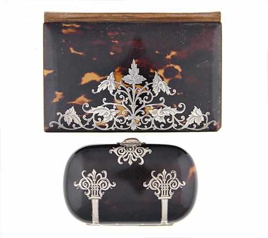 Appraisal: Silver overlay tortoiseshell box and notebook th century ovoid hinged