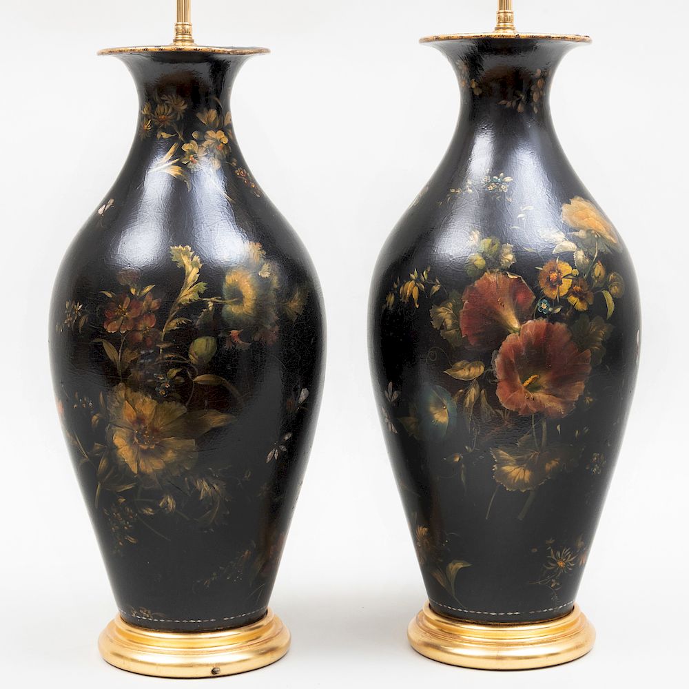 Appraisal: Pair of Victorian Mother-of-Pearl and Black Papier Mach Urn-Form Lamps