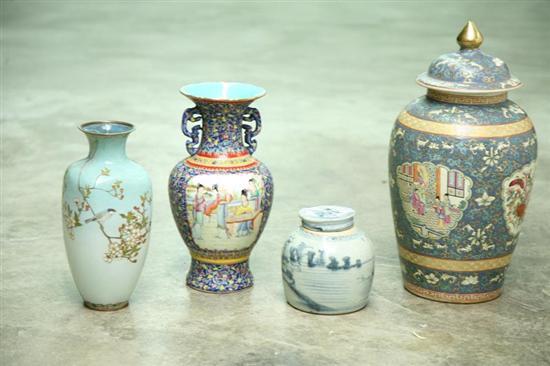 Appraisal: FOUR ASIAN VASES Two of porcelain Blue with scenes of