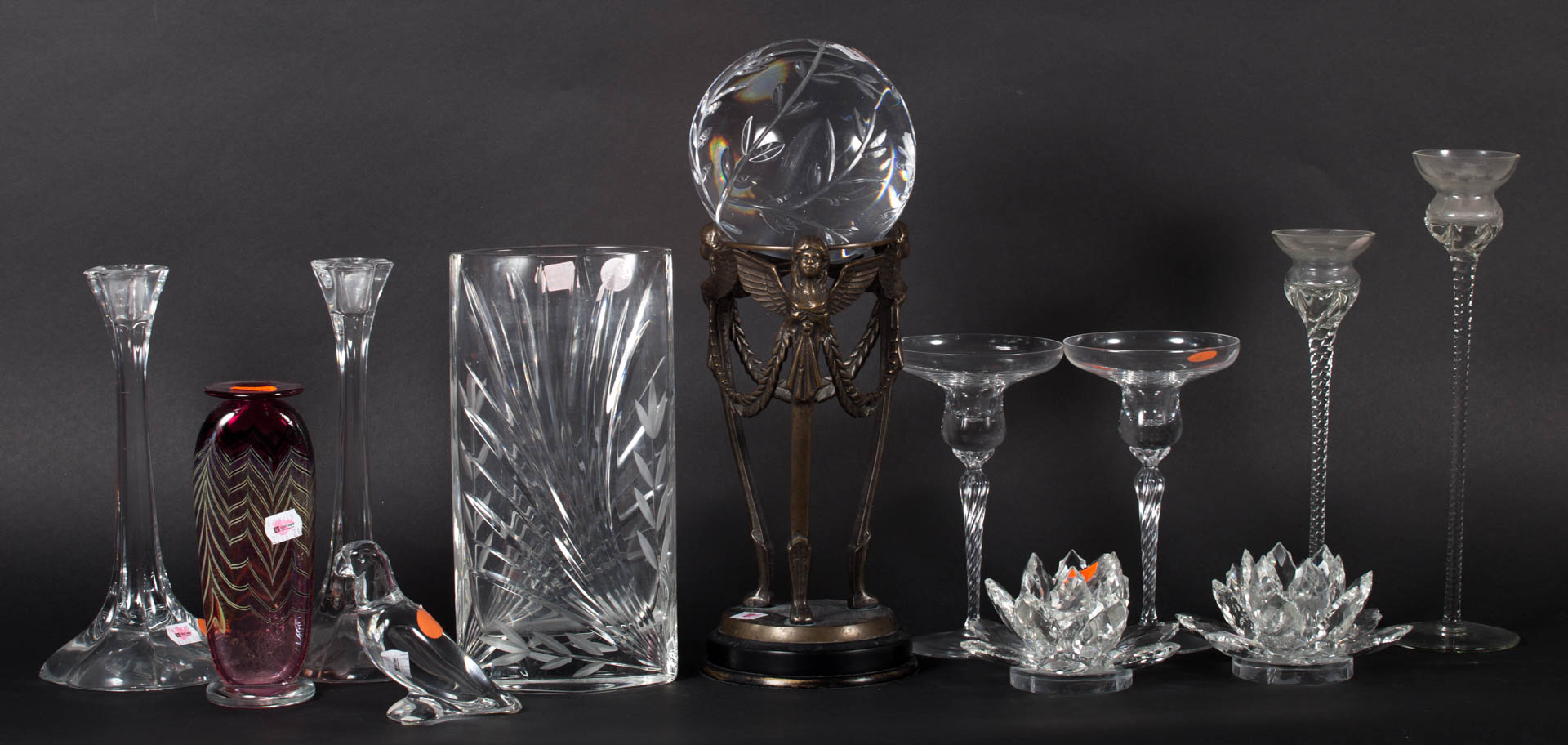 Appraisal: Assortment of glass items including Irish candlesticks Orb on metal