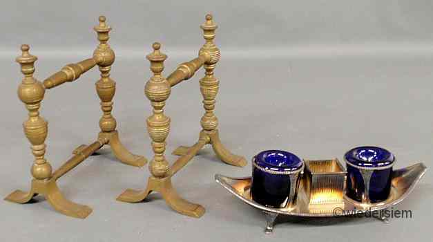 Appraisal: Sheffield inkstand with cobalt glass liners ''h and a pair