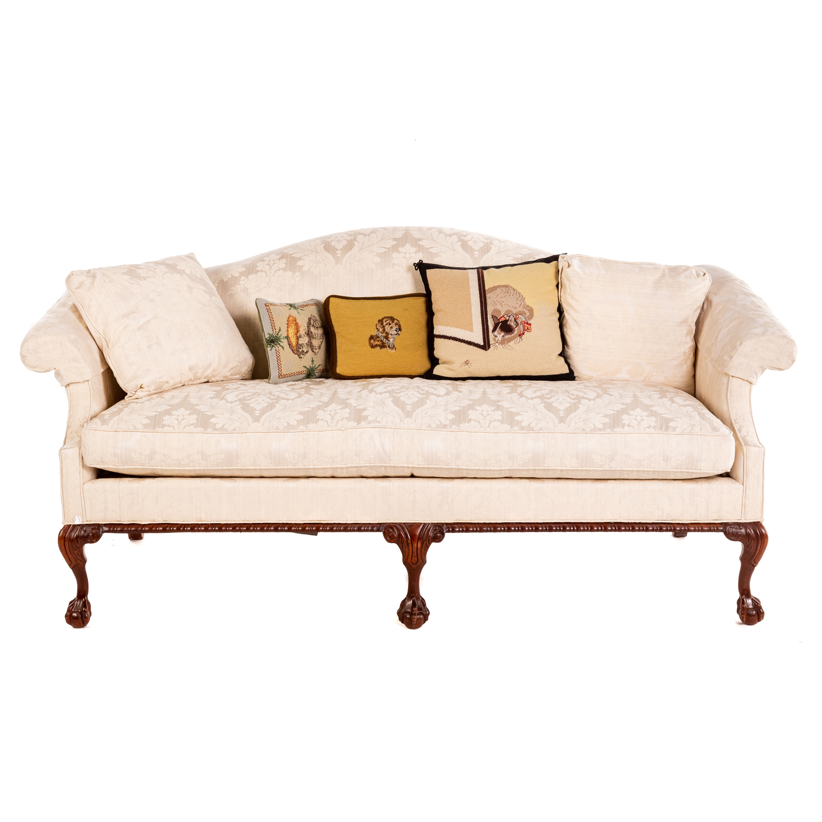 Appraisal: HICKORY CHAIR MAHOGANY CHIPPENDALE STYLE SOFA th century with damask