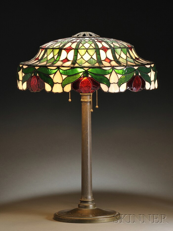 Appraisal: Leaded Mosaic Red Blossom Table Lamp Possibly Suess Leaded glass