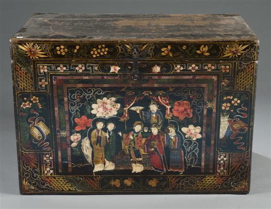 Appraisal: Chinese handpainted wood and lacquer trunk th century Hinged lid