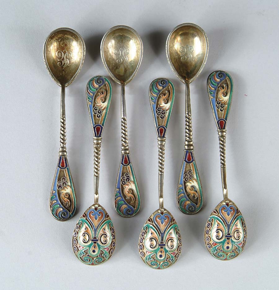 Appraisal: TWELVE RUSSIAN ENAMEL SPOONS Twelve enamel demitasse spoons feature beautiful