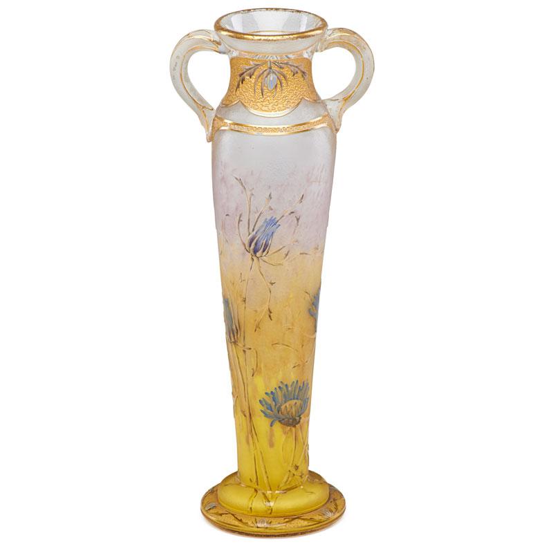 Appraisal: DAUM Glass vase with flowers Condition Report One handle broken