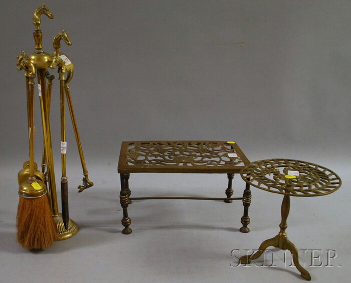 Appraisal: Set of Four Brass Horse-handled Fireplace Tools and Stand a