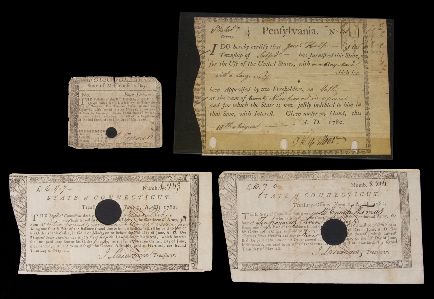 Appraisal: PCS AMERICAN REVOLUTIONARY WAR BONDS CURRENCY Including Philadelphia Horse Bond