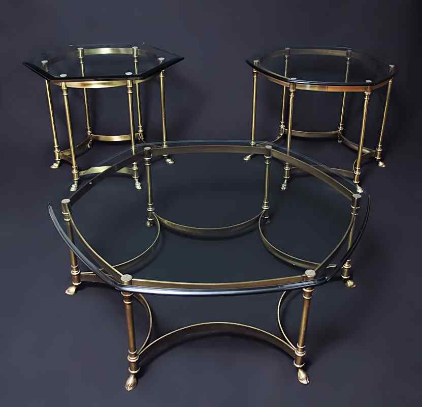 Appraisal: SET OF THREE LABARGE BRASS AND GLASS HOOF FEET TABLES