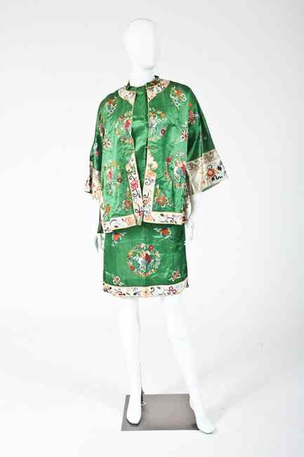 Appraisal: CHINESE EMBROIDERED DRESS AND JACKET Vivid emerald green with hand-embroidered