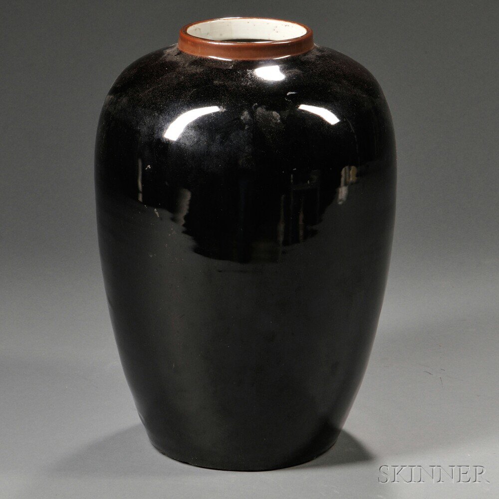 Appraisal: Mirror Black Porcelain Jar China oviform the short straight mouth