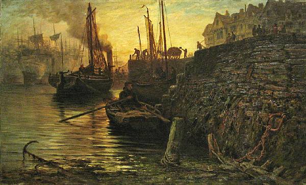 Appraisal: English School th Century A busy harbor scene with men