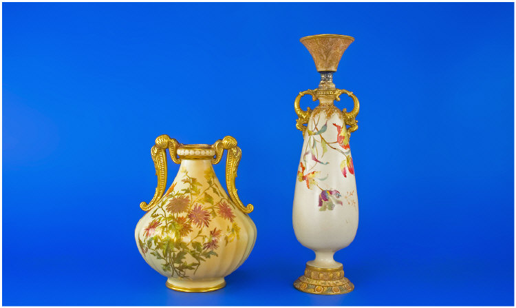 Appraisal: Royal Worcester Blush Ivory Handled Vase With Floral Decoration Shape